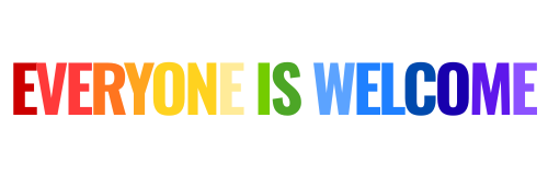 Everyone is welcome written in rainbow font