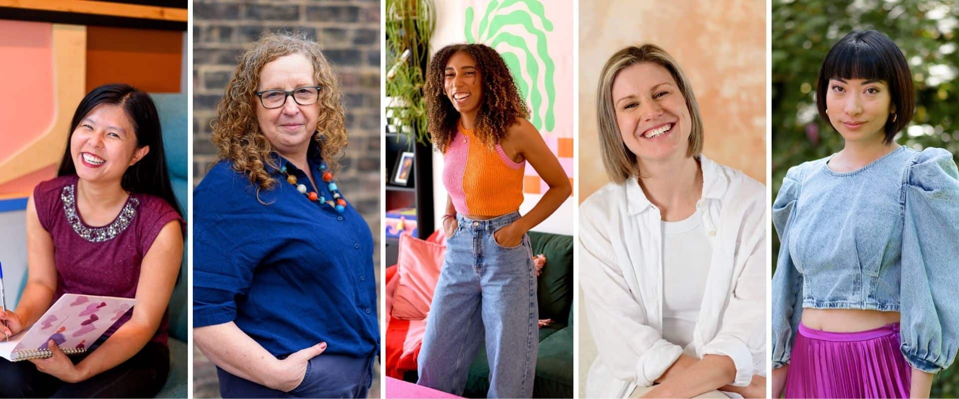 a collage of 5 women business owners smiling at the camera and looking relaxed and happy and confident in their brand photo. 