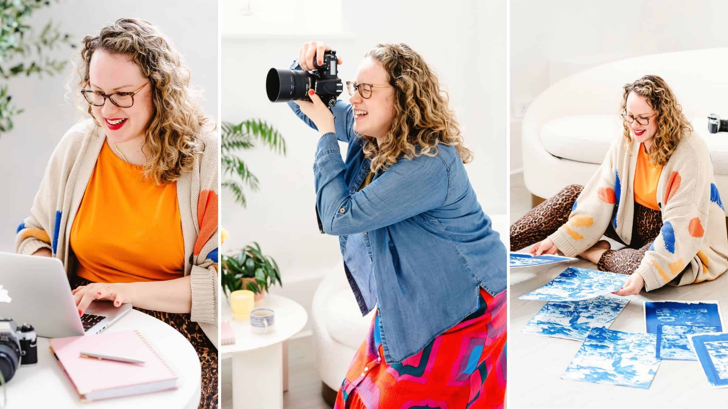an image collage showing 3 images left to right Molly Rhianon Photography working at a laptop wearing an orange top, Molly holding her camera up to her face to take a photo, she wears a denim shirt and a bright red patterned skirt, and Molly sitting on the floor organising her cyanotype prints.