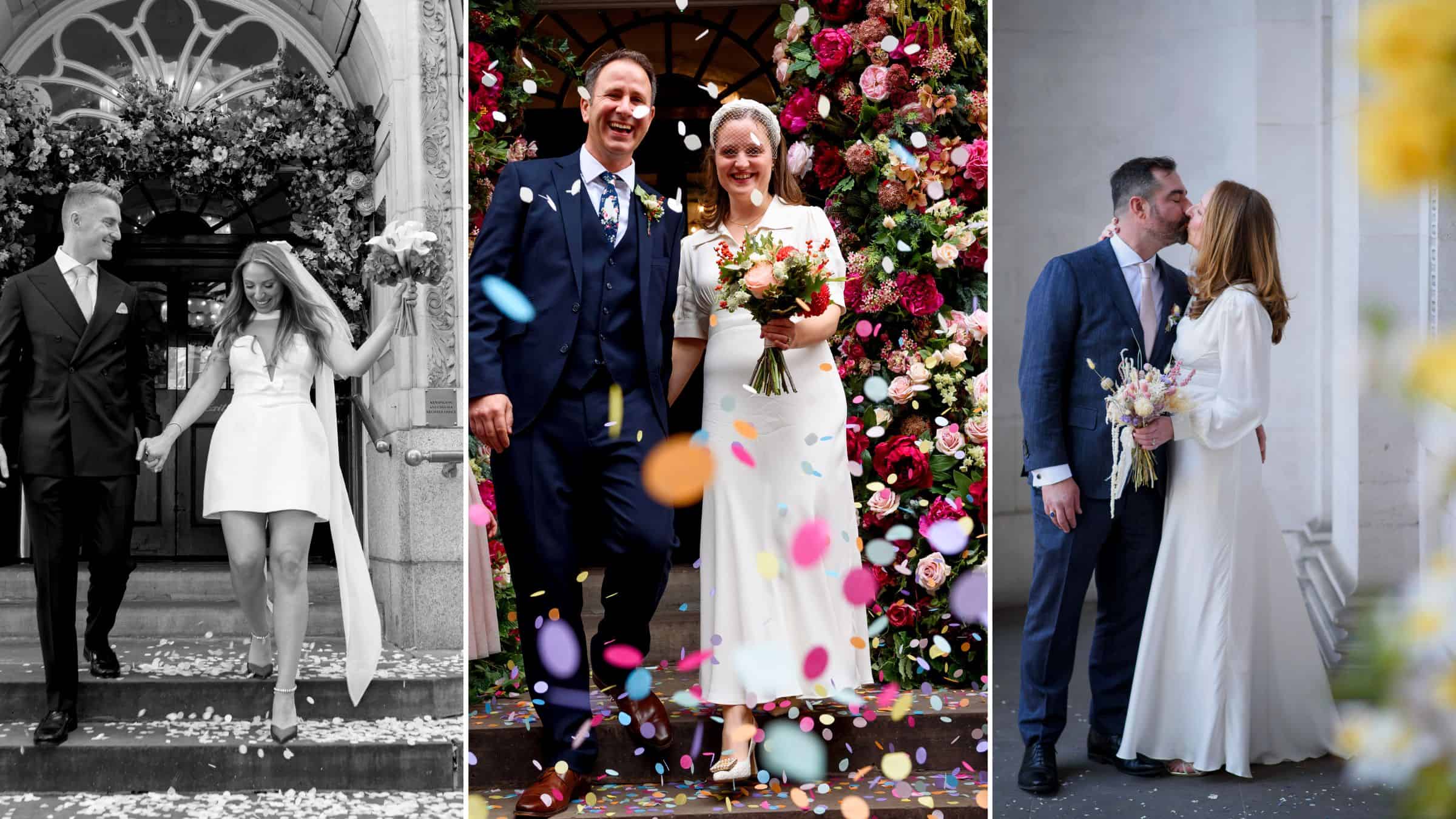 a collage of 3 images showing from left to right, a black and white wedding couple descend the steps outside Chelsea old town hall, a colourful confetti throw outside Chelsea old town hall with a burgundy flower arch behind and the couple laughing, a wedding couple kiss outside old Marylebone town hall underneath the iconic arch. All images by Molly rhianon photography.