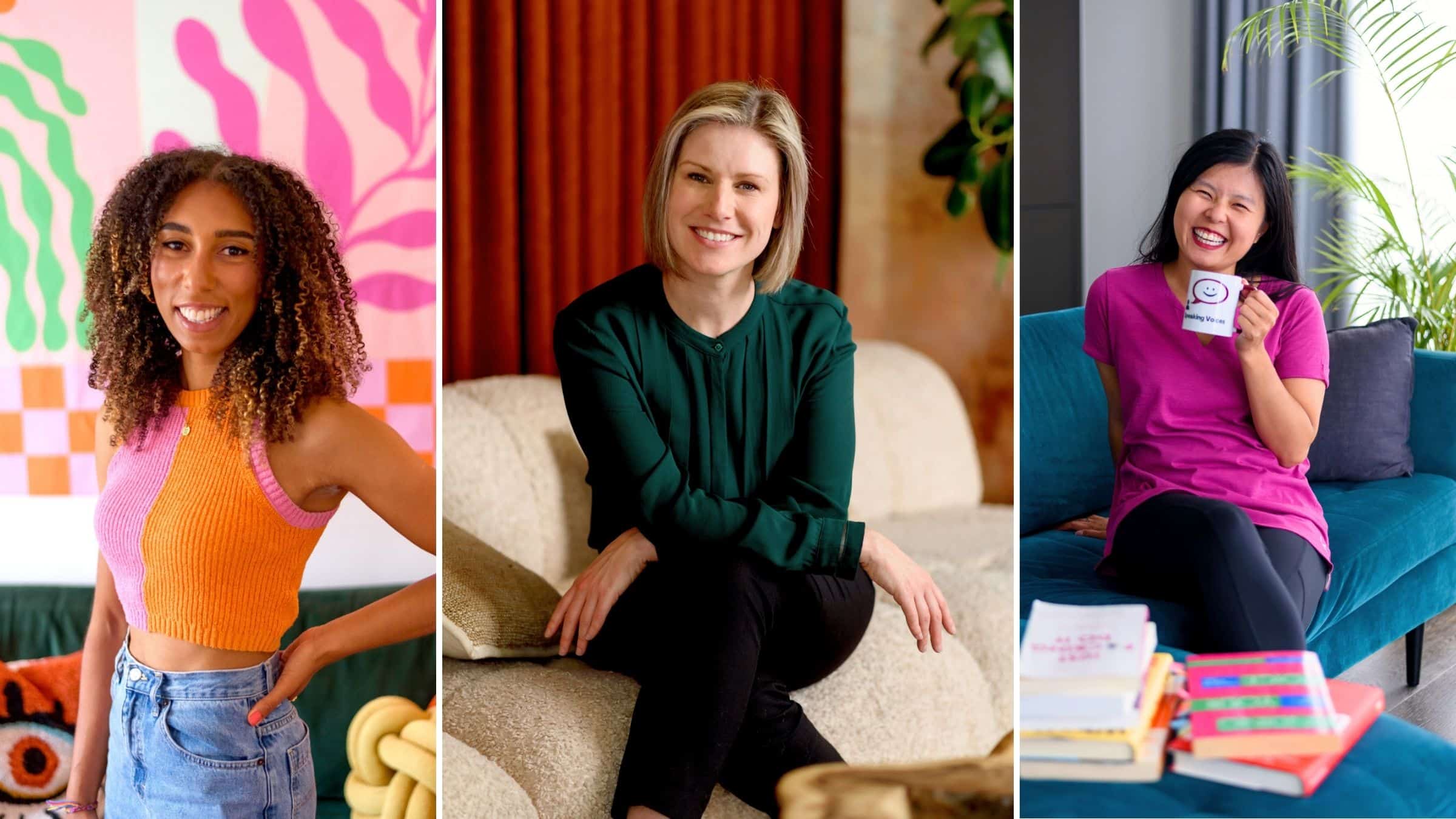 a collage of 3 images showing from left to right, a brand photograph of a happy smiling female business owner with curly afro hair, wearing a cropped pink and orange top and standing in front of a colourful background, a female business owner looks at the camera sitting cross legged and leaning forward smiling, a female business owner sits laughing on a sofa drinking tea and looking relaxed in a pink top. All images by Molly rhianon photography.