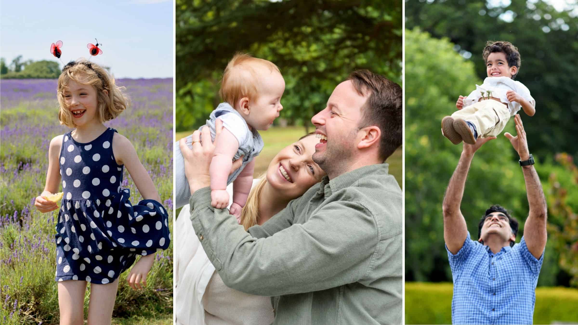 a collage of 3 images showing from left to right, a happy smiling child in a spotty dress running through a lavender field, a happy family cuddled up holding up their baby in a park, a dad playfully throwing his toddler son up in the air to make him laugh outside. All images by Molly rhianon photography.