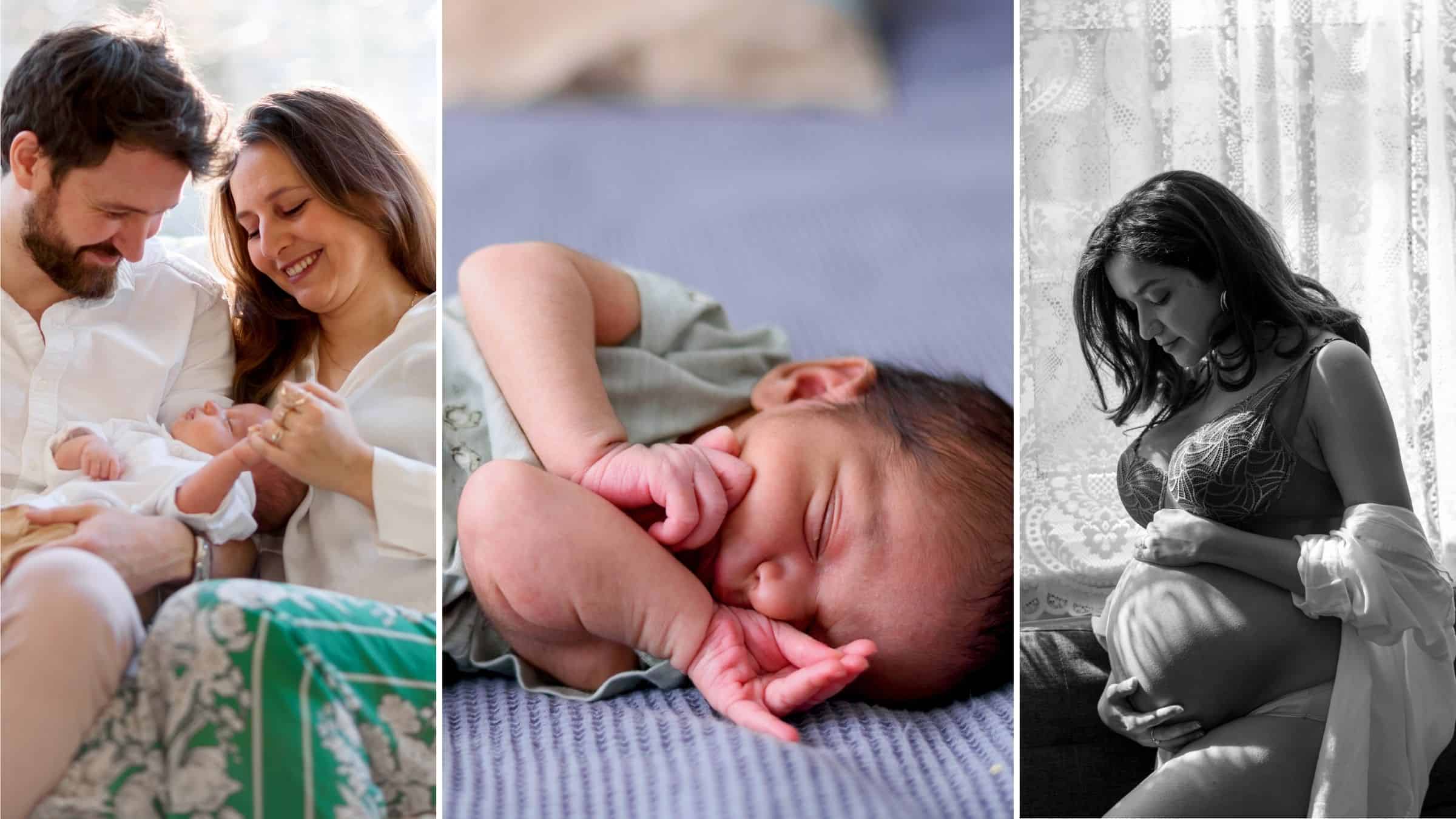 a collage of 3 images showing from left to right, a family at home cuddling their new born baby on the sofa, a close up of a very newborn baby including his hands up by his face, a pregnant lady wears a white shirt and bra, showing off her bump while she sits by a sunlit window. All images by Molly rhianon photography.