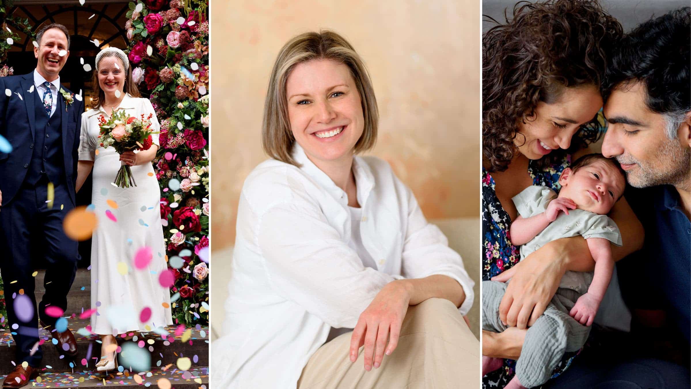 A collage of 3 images left to right, a happy wedding couple with confetti outside Chelsea old town hall in front of a burgundy flower arch, a professional headshot of a smiling white woman wearing a white shirt on a beige background, a close up family portrait of parents gazing at their new baby heads together. All photos by Molly rhianon photography. 