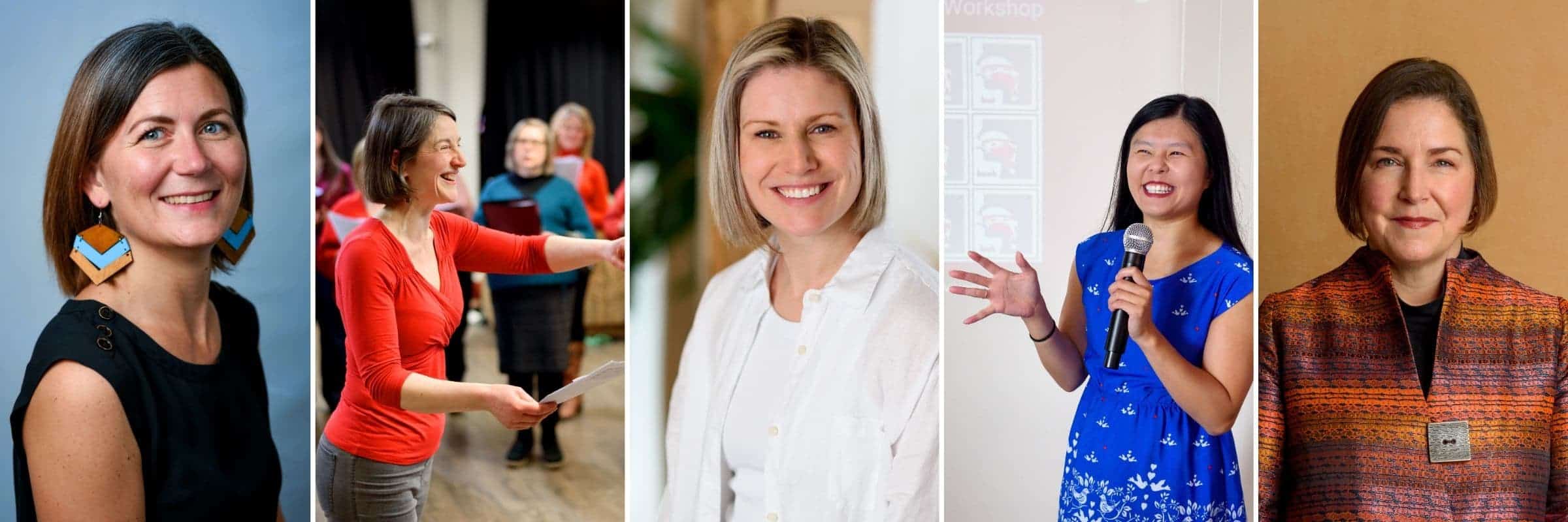 A collage showing 5 images of women at corporate events or headshot sessions, looking happy and relaxed. 
